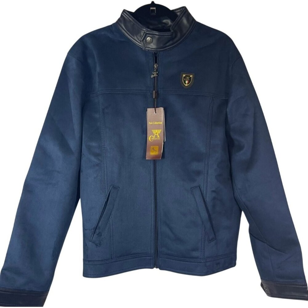 Mens A Collezioni Blue Suede with  Leather Collar Jacket Size M